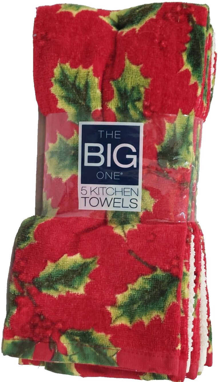 5pc Set of Different Kitchen Towels(16.5"x26")CHRISTMAS HOLLY BERRIES ON RED,TBO